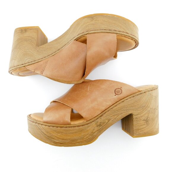 New BORN Cognac Brown Leather Crisscross Strap Block Heel Slide Sandals 8 - Picture 5 of 8